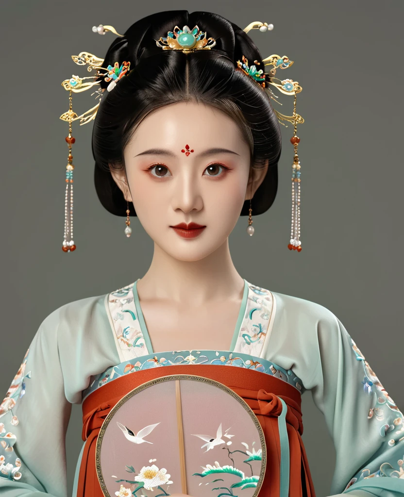 a beautiful young chinese girl in traditional song dynasty imperial court attire, symmetrical facial features, round face, bright eyes, smooth porcelain skin, holding an elegant chinese hand fan, clean background, (best quality,4k,8k,highres,masterpiece:1.2),ultra-detailed,(realistic,photorealistic,photo-realistic:1.37),intricate details,exquisite,elegant,refined,breathtaking,mesmerizing,magnificent