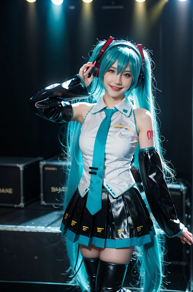 Best Quality, Masterpiece, realist, photorealist, 1 girl, Alone, looking at the viewer, SMILE, standing, whole body, by the floating, Hatsune Miku cosplay costume, Hatsune Miku, cosplay, aquamarine hair, two tails, very long hair, hair ornament, headphones, headphones, shirt, Skirt, pleated Skirt, tie, aqua tie, separate sleeves, tattoo, thigh high boots, by the floating, on the stage, audience, bands, 