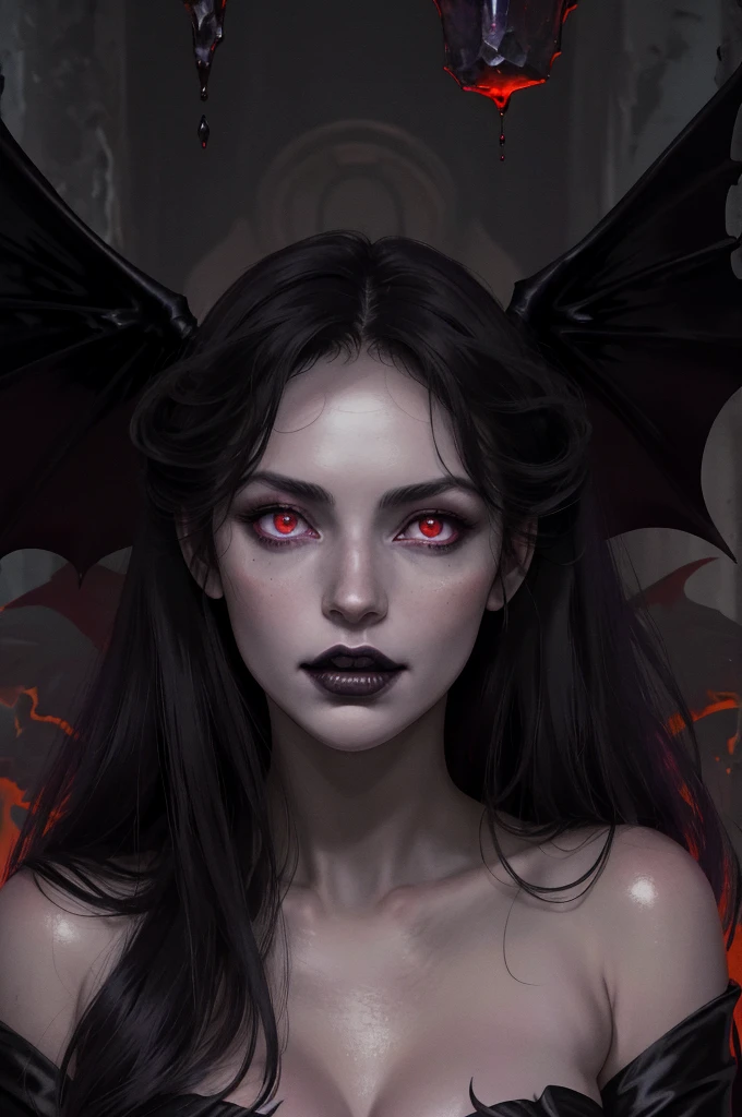 (masterpiece), (unrivalled quality:1.4), ultra-high resolution, [:velvet textures:0.2], hyperrealistic, dark fantasy portrait, 1 woman, adult (succubus:0.7) with a sly smirk, hypnotic ruby red eyes, raven-black hair cascading in waves, solo, detailed face, (cavernous underworld theme:1.1) (demonic wings:1.05), personified forbidden temptation, allure, power, darkness, succubus mythology symbolism, firelight, glow, rich purples and reds, symmetry, obsidian, foreboding cavern background, otherworldly infernal atmosphere, mouth open wide, mouth open, make her mouth stay wide open.