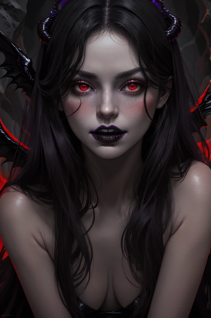 (masterpiece), (unrivalled quality:1.4), ultra-high resolution, [:velvet textures:0.2], hyperrealistic, dark fantasy portrait, 1 woman, adult (succubus:0.7) with a sly smirk, hypnotic ruby red eyes, raven-black hair cascading in waves, solo, detailed face, (cavernous underworld theme:1.1) (demonic wings:1.05), personified forbidden temptation, allure, power, darkness, succubus mythology symbolism, firelight, glow, rich purples and reds, symmetry, obsidian, foreboding cavern background, otherworldly infernal atmosphere, mouth open wide, mouth open, make her mouth stay wide open.