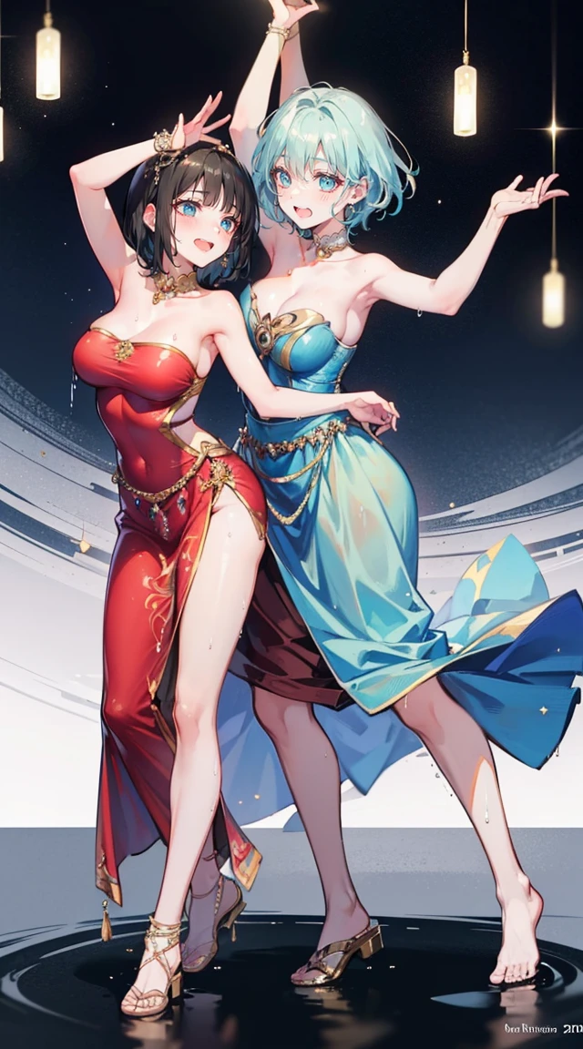 (2 young women ,beautiful woman),(20-year-old girl)，smile，(light green short hair)，nobility，(princess)，blue student，Tall figure，((Strapless Thai dress))，low skirt，(Strapless Thai dressที่ไม่ทีสาย)，ta skirt，Show your legs，Barefoot，red carpet，prom website，(nobility)，(big tits),(Various poses),Highest quality、Highest picture quality、Masterpiece,, ,(((Umbilical drive,dance,dance,Thai dance))), (There&#39;s nothing hiding the pussy.), (no panties), (very good:1.2), (shy:1.2), (wet:1.2),  (feel sexually happy:1.6), 