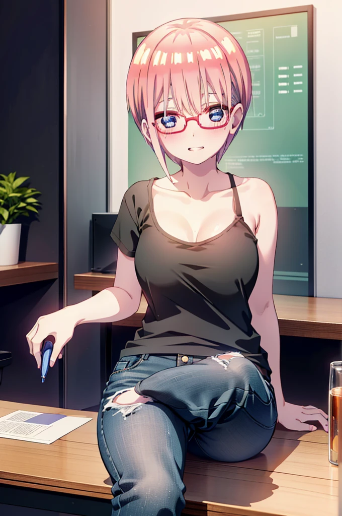 ichikanakano, Nakano Ichika, short hair, bangs, blue eyes, Hair between the eyes, Pink Hair, Grin,smile,Glasses,black tank top shirt,Skinny jeans,Stiletto heels,interior,There is a computer on the table,whole bodyがイラストに入るように,Walking,Daytime,Clear skies,
break indoors, office,
break looking at viewer,whole body,
break (masterpiece:1.2), Highest quality, High resolution, unity 8k wallpaper, (figure:0.8), (Beautiful attention to detail:1.6), Highly detailed face, Perfect lighting, Highly detailed CG, (Perfect hands, Perfect Anatomy),