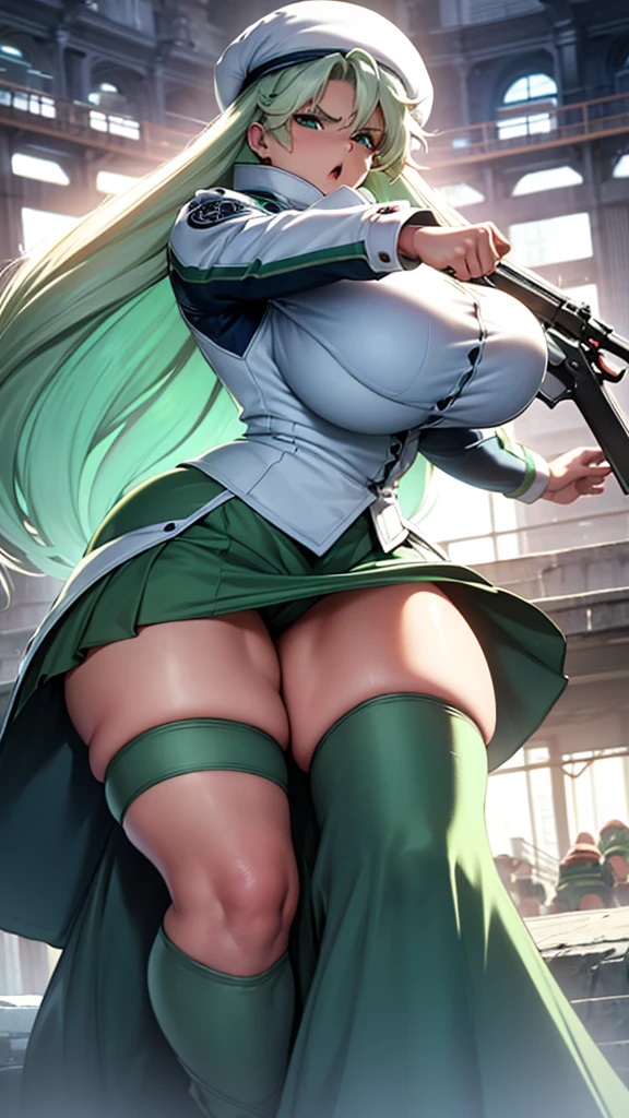 (high detailed)) 27 yo's woman, light cyan hair, Green mini beret, green Pandora's clothes,big And round breasts, gorgeous thicc plump body,angry expression,furious eyes,Green satellizer's outfit,Very long skirt, holding a extremely large weapon, dynamic pose, action position, perfect anatomy