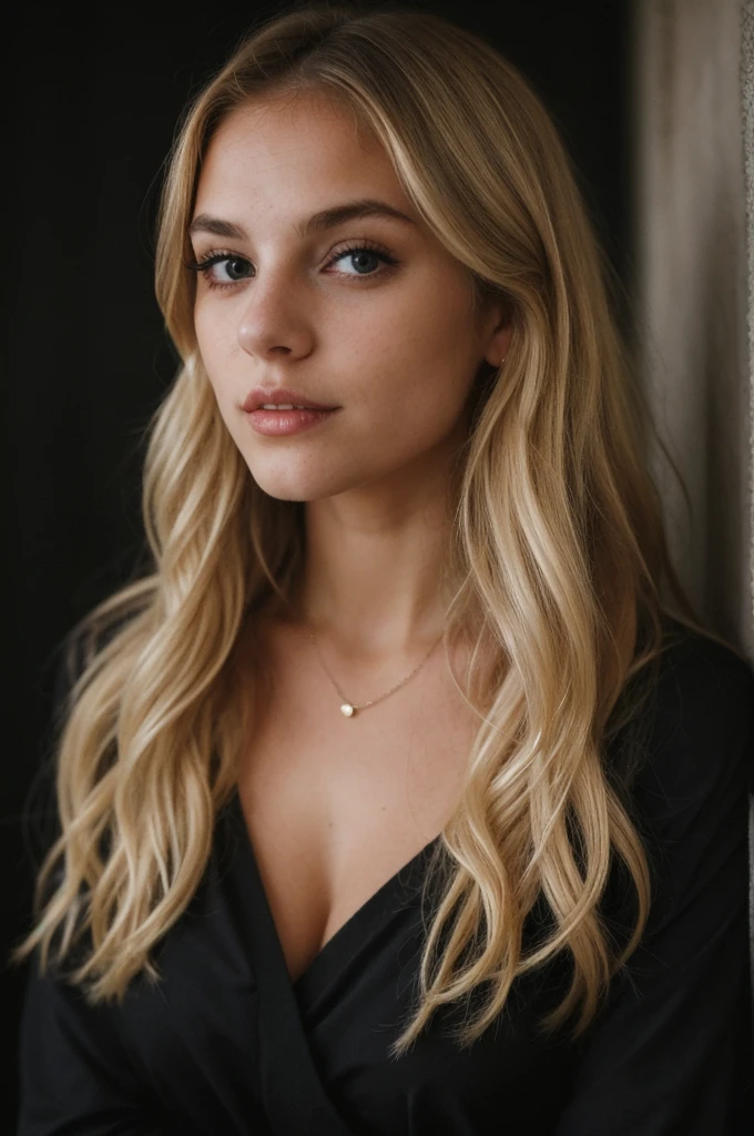 super cute blond woman in a dark theme