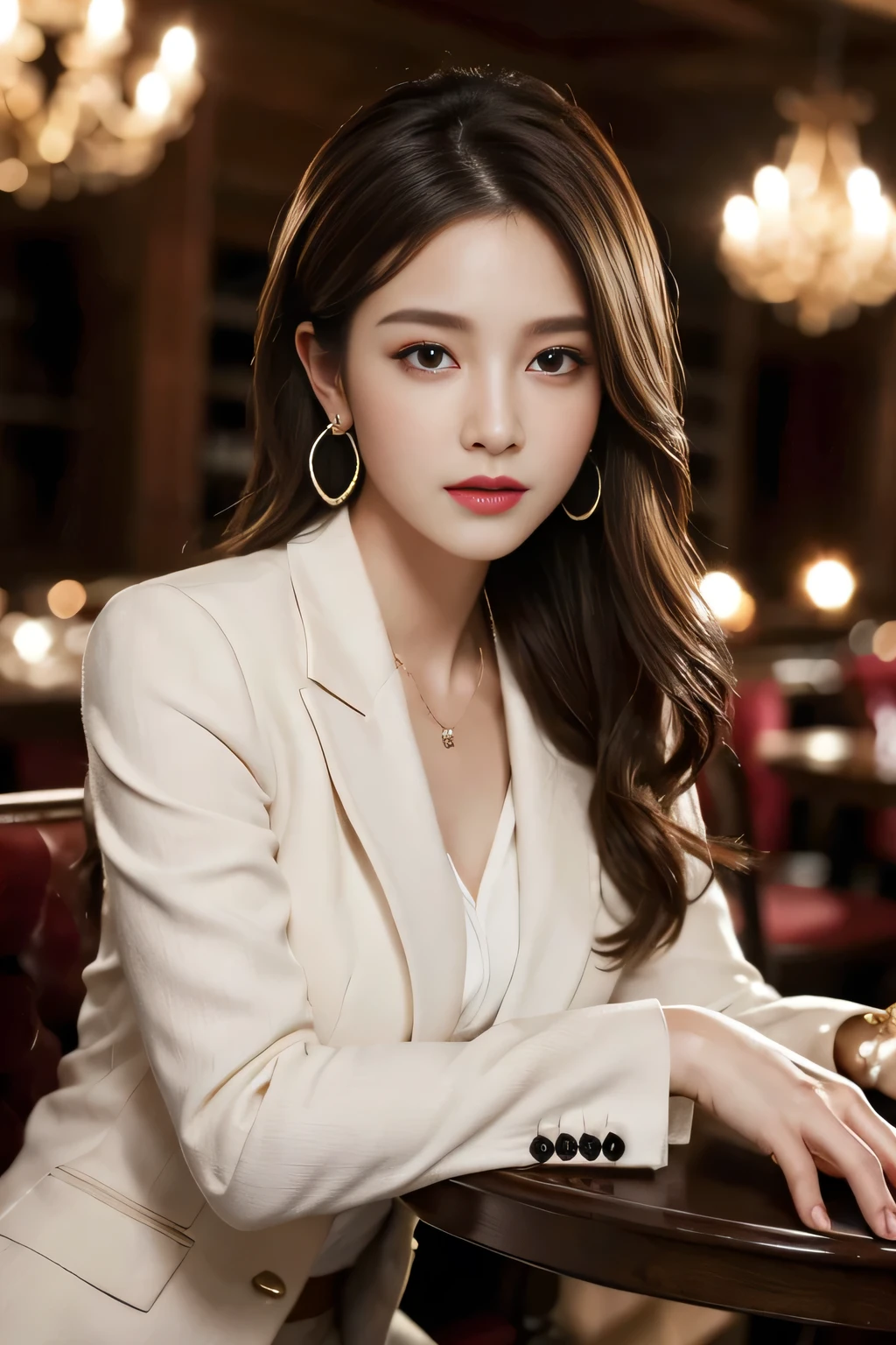 masterpiece, Highest quality, Realistic, Very detailed, Finer details, High resolution, 8k wallpaper, One beautiful woman,Wear a nice suit, In a great restaurant, At night, Light brown messy hair, Perfect dynamic composition, Beautiful and beautiful eyes、Big earrings、Sit on a chair