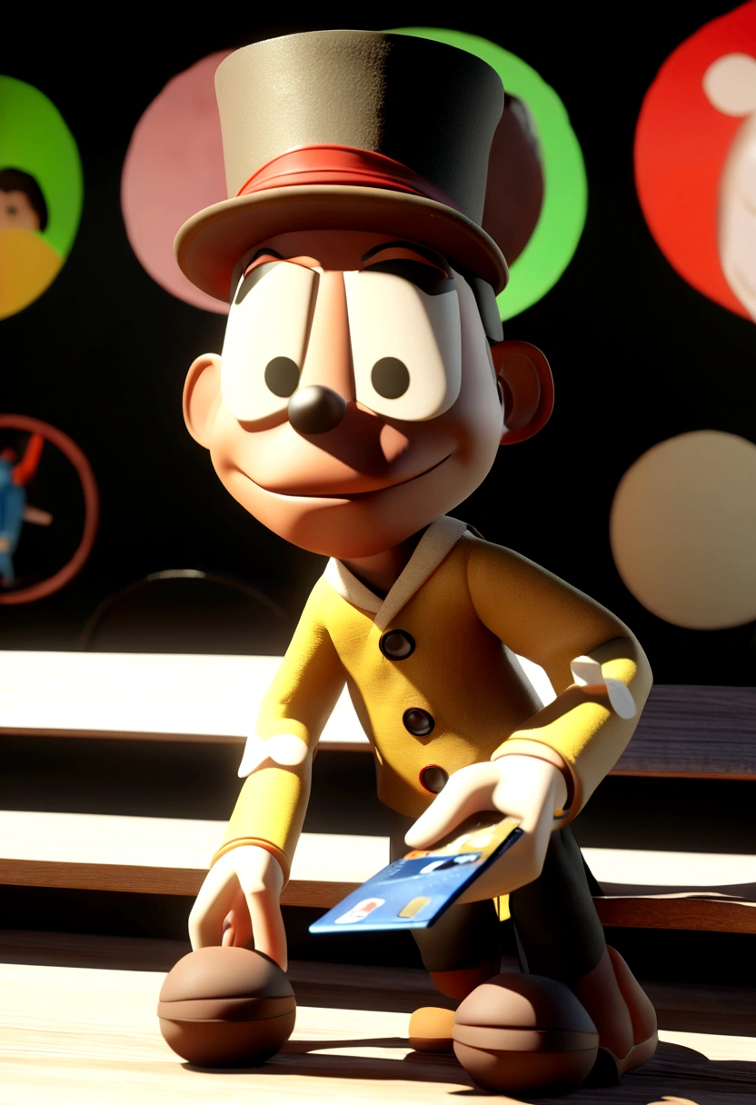 Cartoon character of a black man with hacker mask and bag with hat, holding credit cards in hand with a bench in front of them with money and iPhones, a matrix background, Disney cartoon theme, an animated character, stylized character, animation style rendering, 3d stylized, Arnold Maya rendering, Stylized 3D rendering, toon render screenshot, 3d character, 3d character, Stylized 3D rendering, 3D character rendering, cartoon character, Personagem de close up, character posing, (Pixar-style) (master part:1.2) (bokeh) (best qualityer) (skin detailed) (detailed texture) (8K) (Argilla) (cinematic lighting) (sharp focus，Sit down and lift your upper body