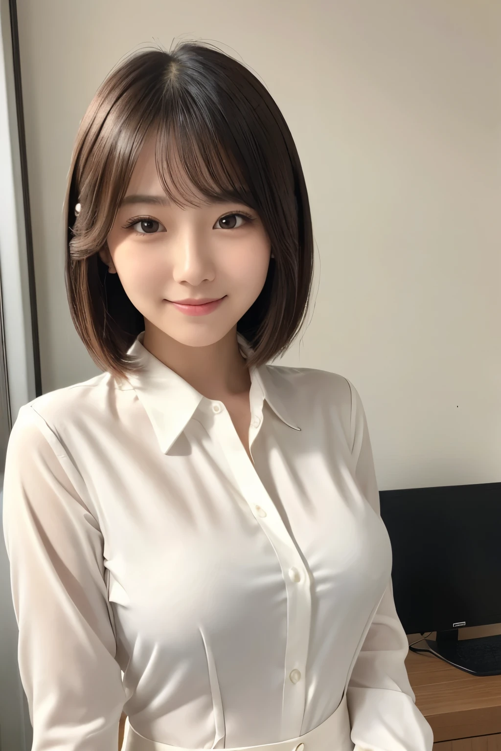 Smooth white tight clothing suit, Office Clothes, Elegant slim beige shirt, Wearing a blouse, Cream colored blouse, Business Attire, Quality white shirt, Work clothes, White blouse, wearing a White blouse, Business casual attire, Wearing a light shirt, Wearing a white shirt、Girl cute beautiful face, Beautiful Japanese girl face, Short hair, Beautiful young Japanese woman, Young and pretty Asian face, Realistic young gravure idol, Young and adorable Japanese face, Gorgeous Young Japanese Woman, Cute young woman, Portrait of a female idol in Japan, Portrait of a Japan teenager,Ample breasts,glamorous,smile