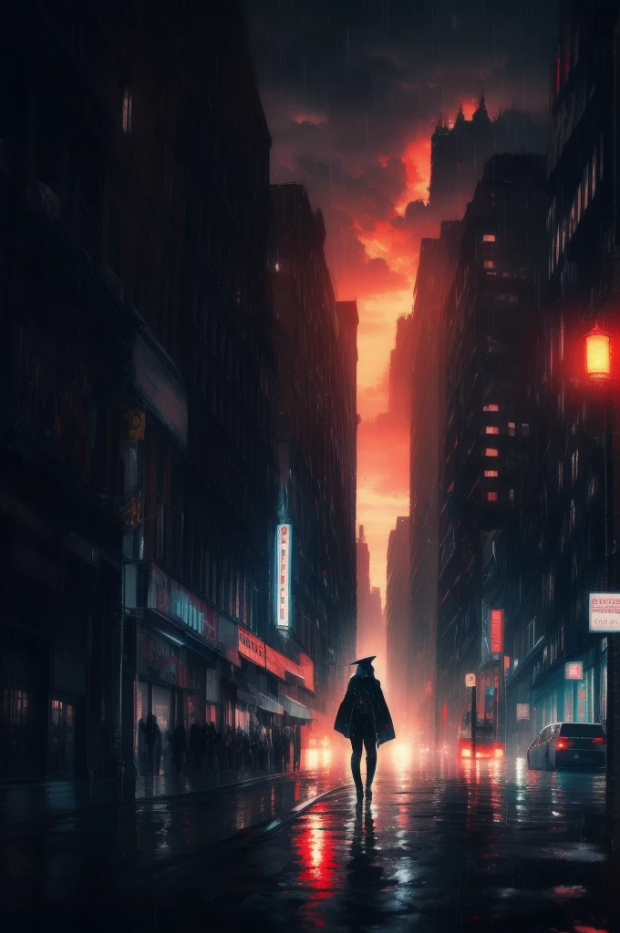 1 Japanese girl, Warframe, Complex Pattern, Heavy Metal, Energy Line, Faceless, Glowing Eyes, elegant, intense, Blood red and black uniform, alone, Modern, city, street, Dark Clouds, thunderstorm, heavy rain,, Dramatic lighting,, (masterpiece:1.2), Highest quality, High resolution,   Beautiful details, Very detailed, Perfect lighting,