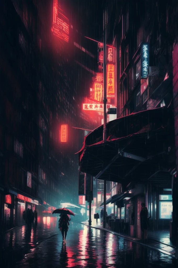 1 Japanese girl, Warframe, Complex Pattern, Heavy Metal, Energy Line, Faceless, Glowing Eyes, elegant, intense, Blood red and black uniform, alone, Modern, city, street, Dark Clouds, thunderstorm, heavy rain,, Dramatic lighting,, (masterpiece:1.2), Highest quality, High resolution, Beautiful details, Very detailed, Perfect lighting,