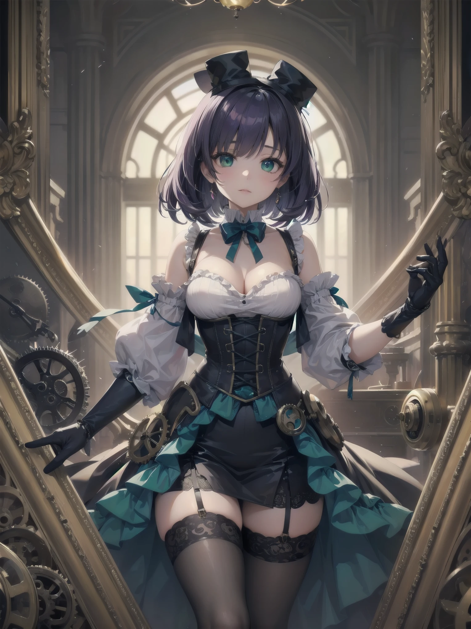 A whimsical Victorian-steampunk fusion portrait featuring Blake Akane Kurokawa as a kawaii protagonist. Set against a muted backdrop, she poses in front of an antique clockwork mechanism, surrounded by intricately crafted gears and cogs. Her dark blue-purple chibi hair falls in soft waves around her face, framing her bright green eyes. A delicate corset adorns her frame, accentuating her waist, while a voluminous skirt flows behind her like a misty veil. Lace, ruffles, and ribbons adorn the hem, adding a touch of femininity to this steampunk-inspired masterpiece.