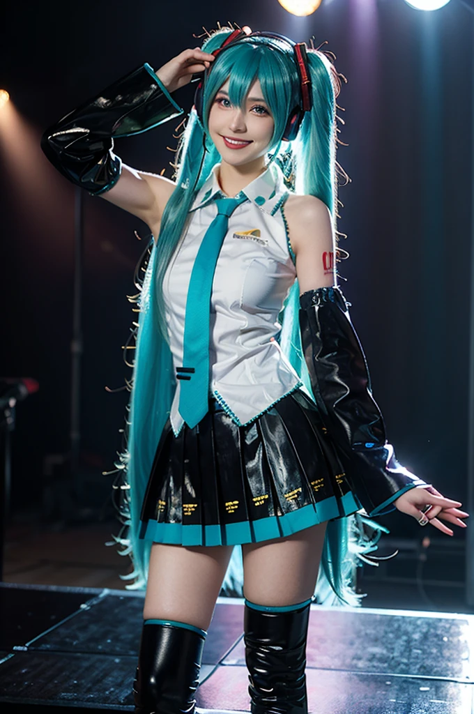 Best Quality, Masterpiece, realist, photorealist, 1 girl, Alone, looking at the viewer, SMILE, standing, whole body, by the floating, Hatsune Miku cosplay costume, Hatsune Miku, cosplay, aquamarine hair, two tails, very long hair, hair ornament, headphones, headphones, shirt, Skirt, pleated Skirt, tie, aqua tie, separate sleeves, tattoo, thigh high boots, by the floating, on the stage, audience, bands, 