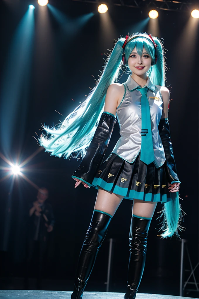 Best Quality, Masterpiece, realist, photorealist, 1 girl, Alone, looking at the viewer, SMILE, standing, whole body, by the floating, Hatsune Miku cosplay costume, Hatsune Miku, cosplay, aquamarine hair, two tails, very long hair, hair ornament, headphones, headphones, shirt, Skirt, pleated Skirt, tie, aqua tie, separate sleeves, tattoo, thigh high boots, by the floating, on the stage, audience, bands, 