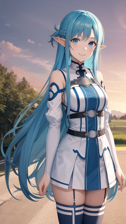 masterpiece, best quality, highres, bbasuna, long hair, blue hair, blue eyes, pointy ears, white dress, detached sleeves, blue thighhighs, standing, cowboy shot, outdoors, smile,