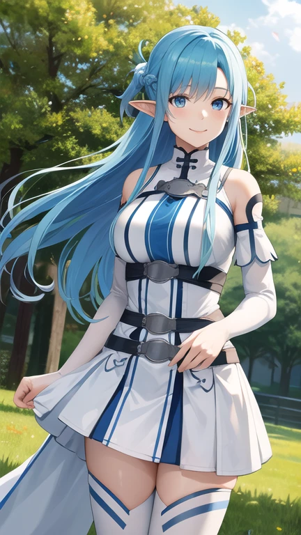 masterpiece, best quality, highres, bbasuna, long hair, blue hair, blue eyes, pointy ears, white dress, detached sleeves, blue thighhighs, standing, cowboy shot, outdoors, smile,