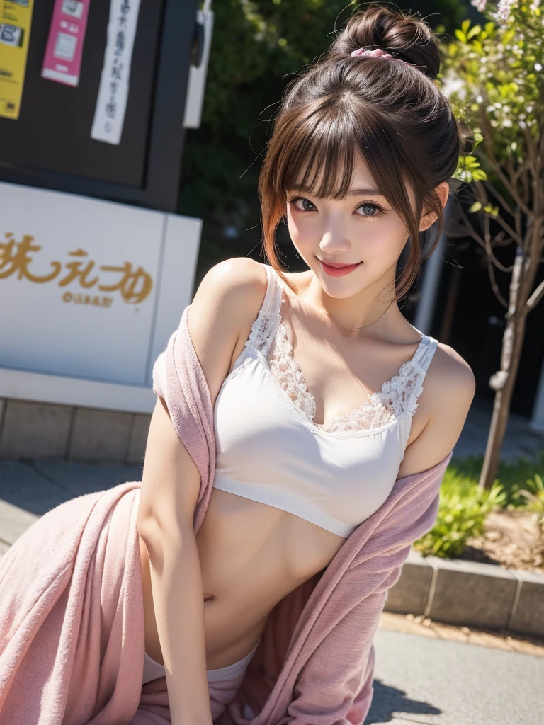 masutepiece, Best Quality, Illustration, Ultra-detailed, finely detail, hight resolution, 8K Wallpaper, Perfect dynamic composition, Beautiful detailed eyes, Trendy Women's Fashion Winter Clothes,Bun hair,Small breasts natural color lip, sexypose,Smile,Harajuku、20 years girl、Cute、is looking at the camera