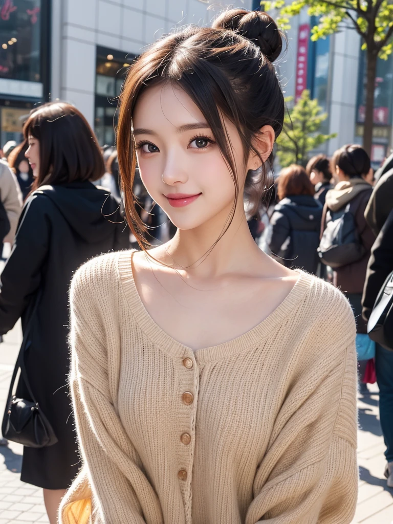masutepiece, Best Quality, Illustration, Ultra-detailed, finely detail, hight resolution, 8K Wallpaper, Perfect dynamic composition, Beautiful detailed eyes, Trendy Women's Fashion Winter Clothes,Bun hair,Small breasts natural color lip, sexypose,Smile,Harajuku、20 years girl、Cute、is looking at the camera