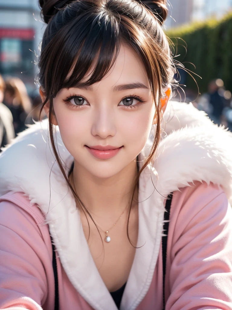 masutepiece, Best Quality, Illustration, Ultra-detailed, finely detail, hight resolution, 8K Wallpaper, Perfect dynamic composition, Beautiful detailed eyes, Trendy Women's Fashion Winter Clothes,Bun hair,Small breasts natural color lip, sexypose,Smile,Harajuku、20 years girl、Cute、is looking at the camera