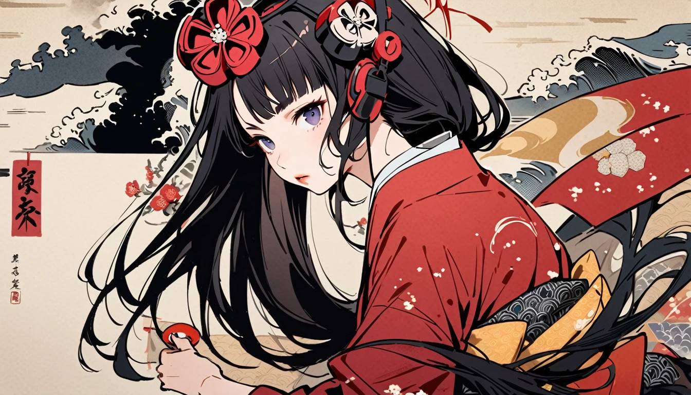 (((Highest quality))), (((Katsushika Hokusai))), (((Ink Painting))), ((very straight longhair)), ((1 girl)), ((cherry blossoms)), ((beautiful girl)), Japanese style headphones, Black Hair, Delicate and precise, Modern ukiyo-e style, skull