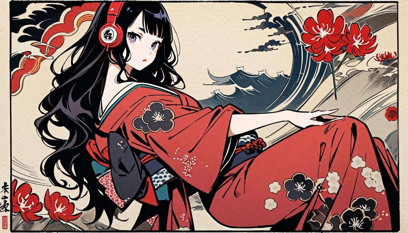 Highest quality, Katsushika Hokusai, Ink Painting, (((longhair))), (((Pale red kimono))), Japanese style headphones, Red spider lily, beautiful girl, Black Hair, Delicate and precise, Modern ukiyo-e style,