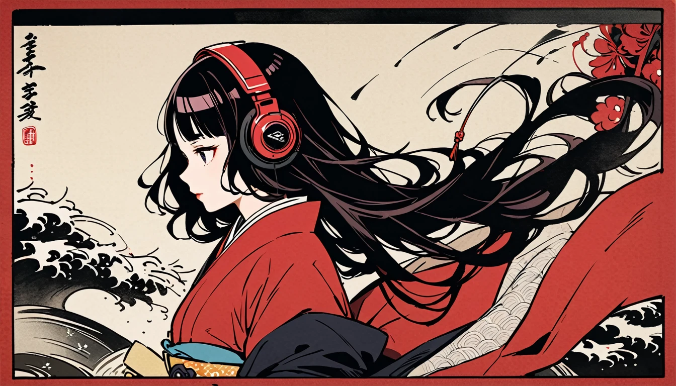 Highest quality, Katsushika Hokusai, Ink Painting, (((longhair))), (((Pale red kimono))), Japanese style headphones, Red spider lily, beautiful girl, Black Hair, Delicate and precise, Modern ukiyo-e style,