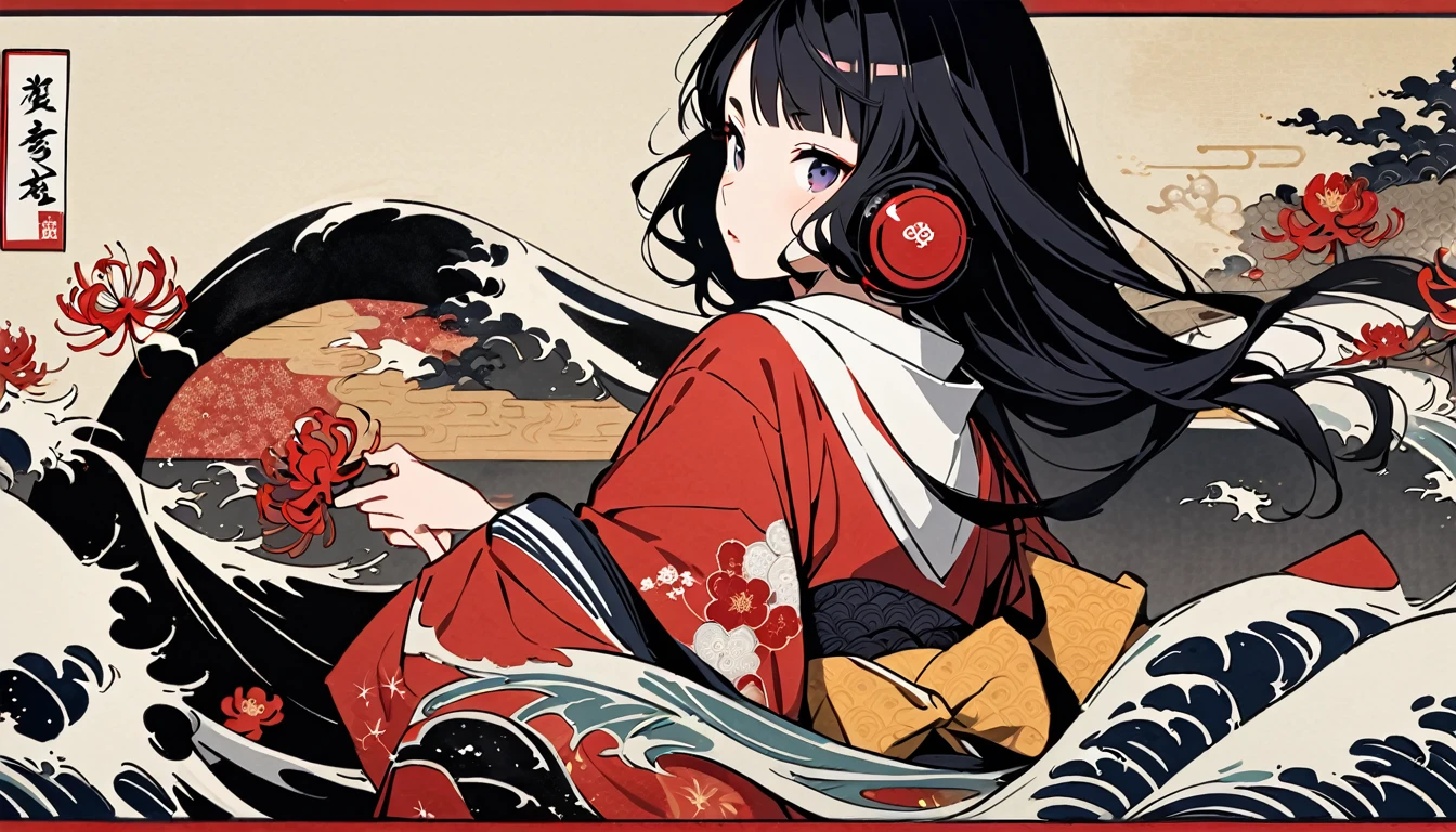 Highest quality, Katsushika Hokusai, Ink Painting, (((longhair))), (((Pale red kimono))), Japanese style headphones, Red spider lily, beautiful girl, Black Hair, Delicate and precise, Modern ukiyo-e style,
