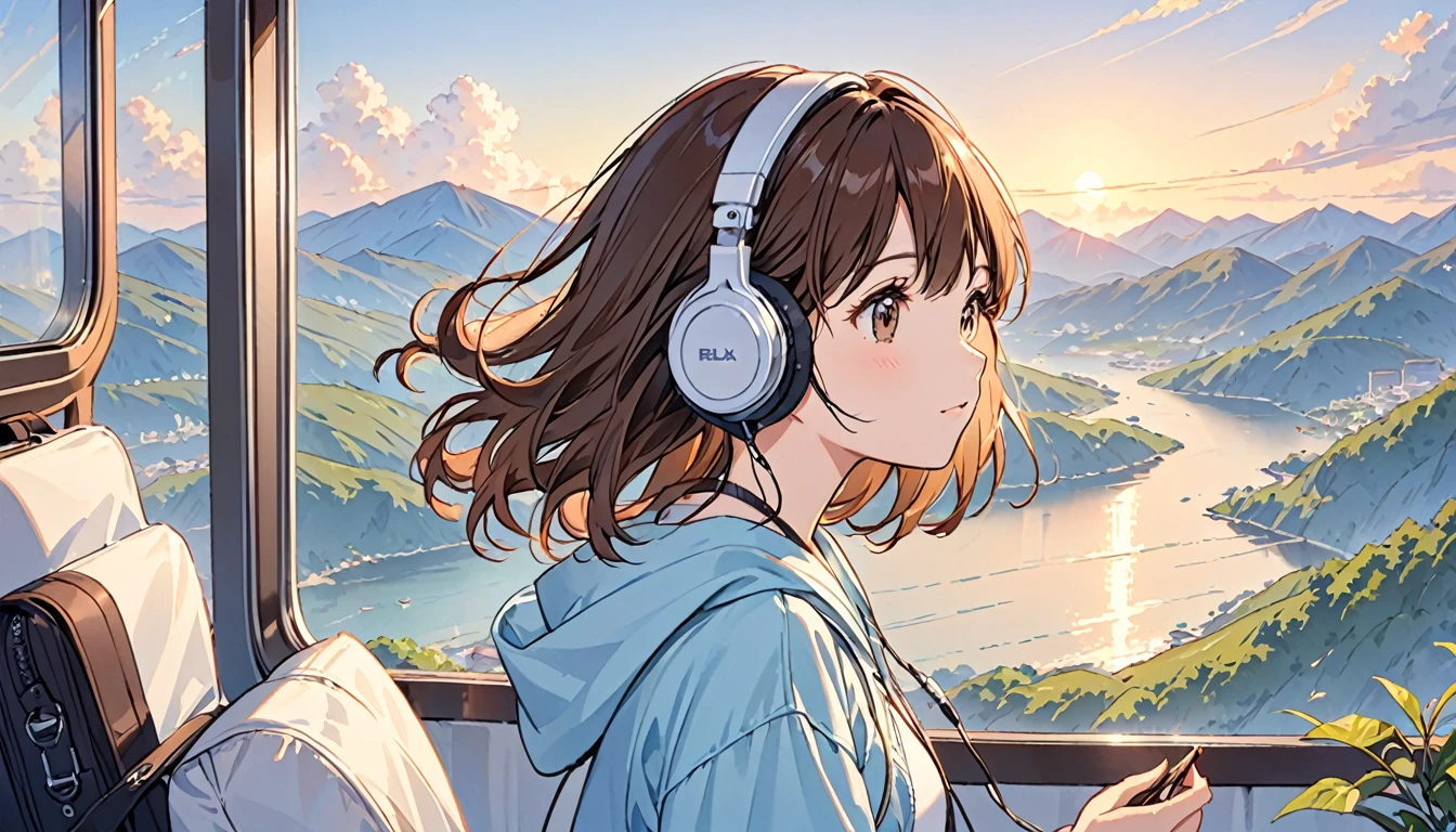 Brown-haired girl wearing headphones,Traveling,One girl,relax,The background is dusk