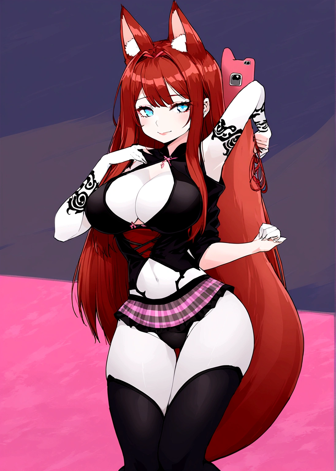 a redhead woman, very long hair falling to butt height. She is wearing a purple blouse that highlights her large breasts.. She has red fox ears, with the inside of the ears in light pink, and a red fox tail with a light pink tip. Only his left arm is completely tattooed. She has fair white skin and a slim body with blue eyes.