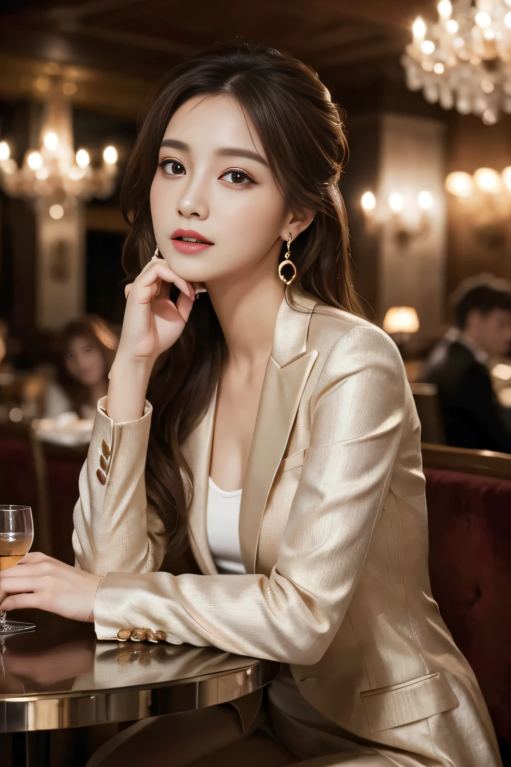 masterpiece, Highest quality, Realistic, Very detailed, Finer details, High resolution, 8k wallpaper, One beautiful woman,Wear a nice suit, In a great restaurant, At night, Light brown messy hair, Perfect dynamic composition, Beautiful and beautiful eyes、Big earrings、Sit on a chair
