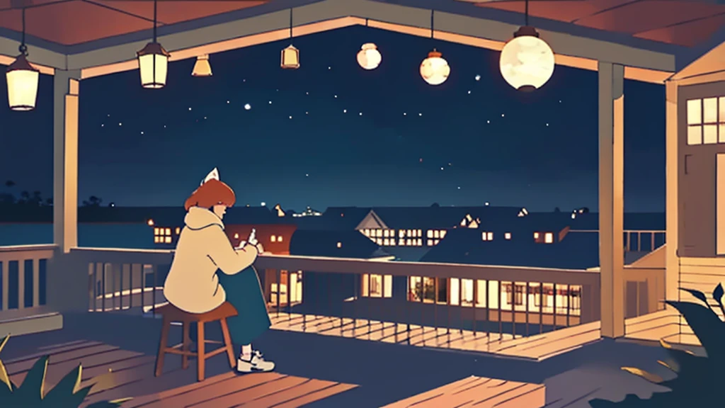 a girl sitting on a porch with a fox, with a view of the night sky