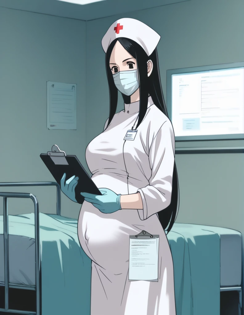 score_9,  score_8_up, score_7_up, source_anime, kasuganoray, pale skin, shy eyes, long hair, scrubs, surgical mask, surgical cap, long sleeve nurse uniform,
1girl, pregnant, solo, rubber gloves, clipboard, looking down, furrowed brow, privacy screen, hospital bed, standing