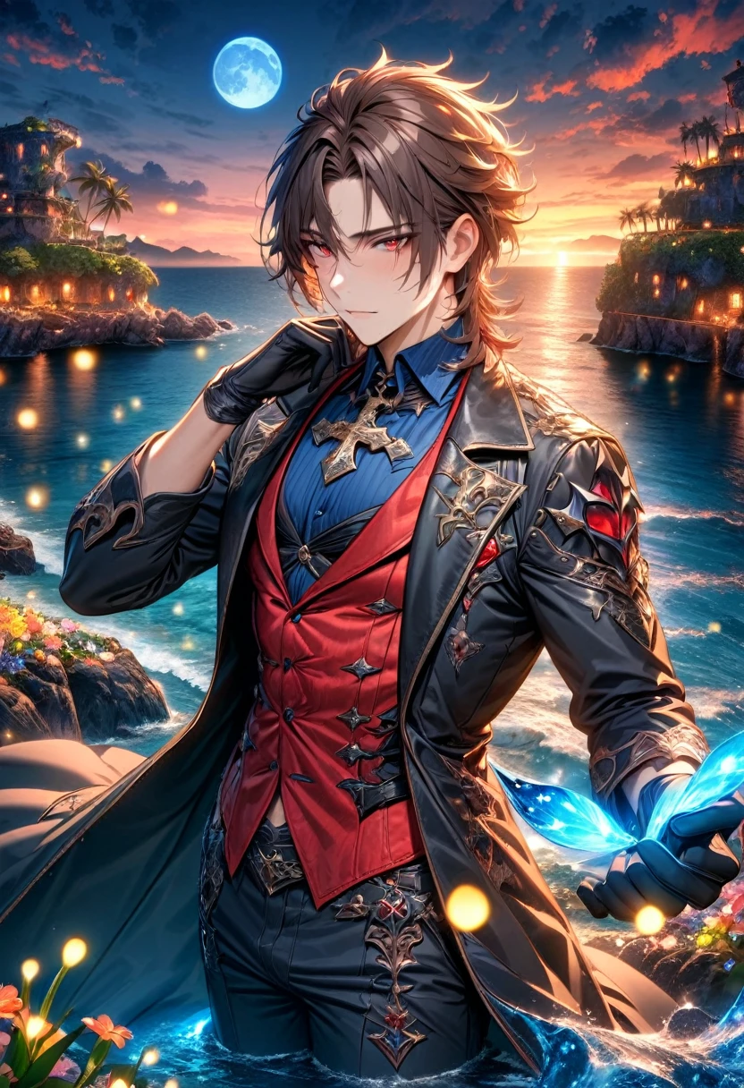 absurdres, highres, ultra detailed, HDR, master piece, Elian, dark brown hair, expressive red eyes, cross neckle, red vest, Demon Fantasy, sexy man, handsome, best quality, sunset, blue moon, flowers, fantasy, magical, solo, black coat, island, water, blue shining fireflies, hunter, black gloves