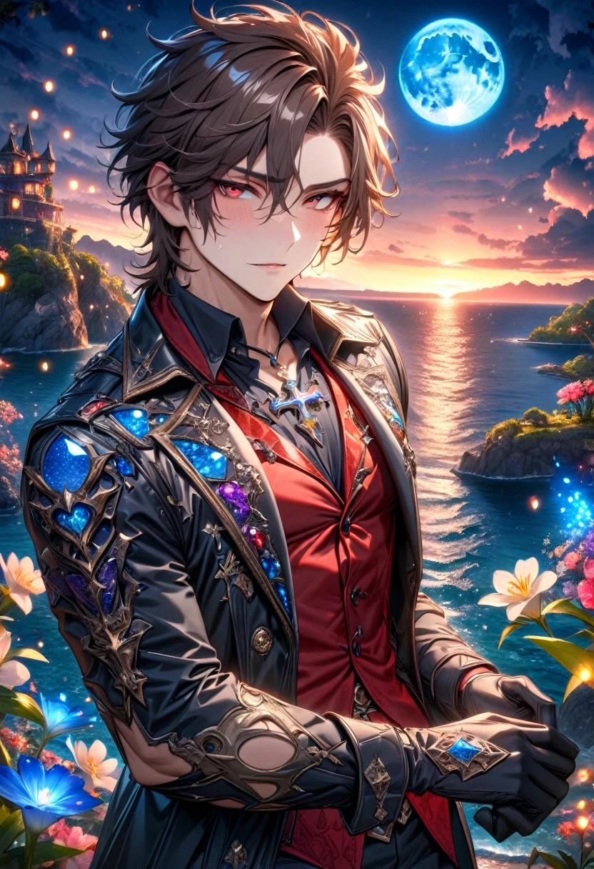 absurdres, highres, ultra detailed, HDR, master piece, Elian, dark brown hair, expressive red eyes, cross neckle, red vest, Demon Fantasy, sexy man, handsome, best quality, sunset, blue moon, flowers, fantasy, magical, solo, black coat, island, water, blue shining fireflies, hunter, black gloves