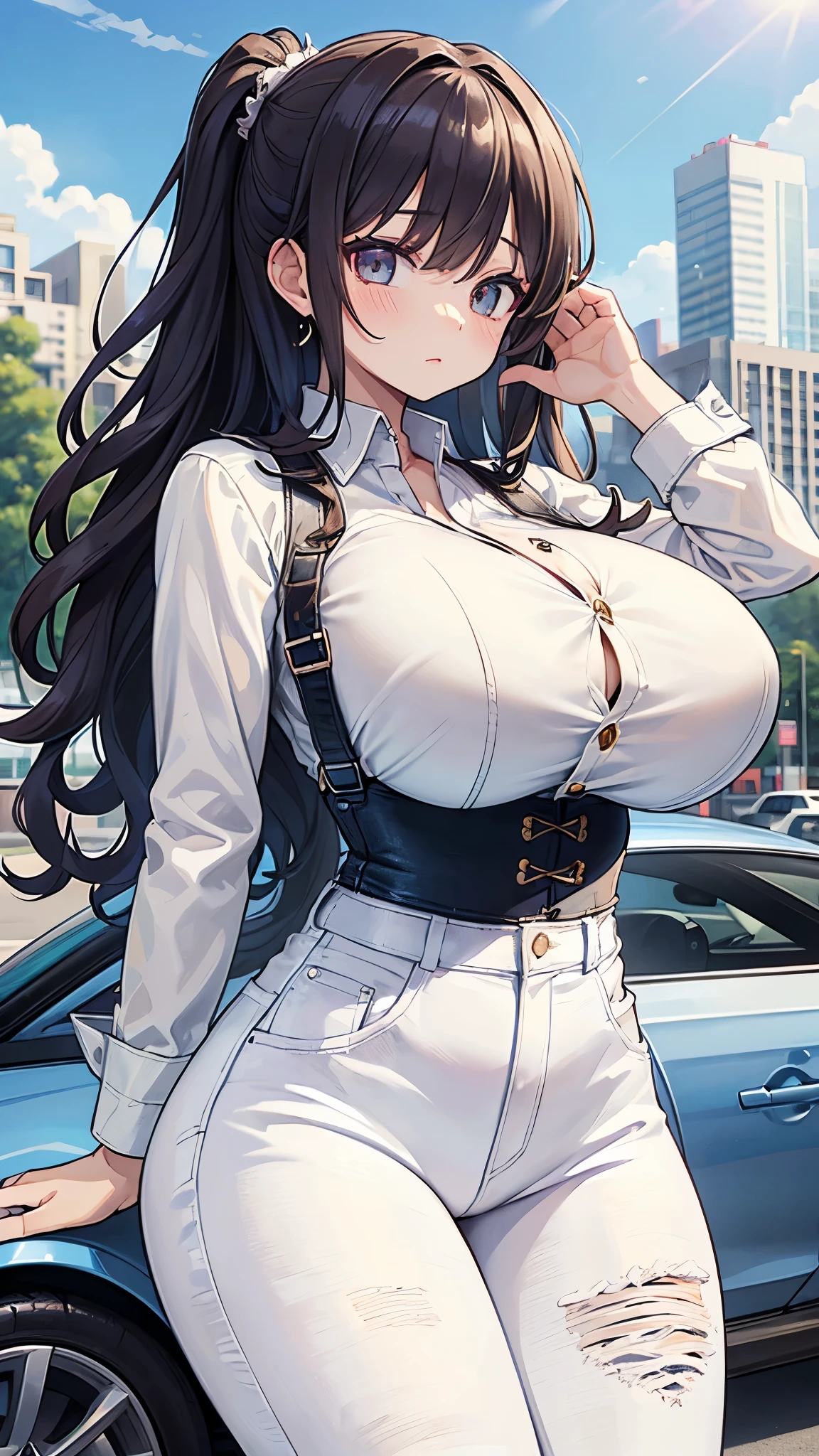 (masterpiece, Highest quality),Healthy Body, Big Breasts, Wavy side tail hair, (((Park in the background))),((Open white shirt,Distressed Micro Denim Pants))、((Big Tits、Underbust))