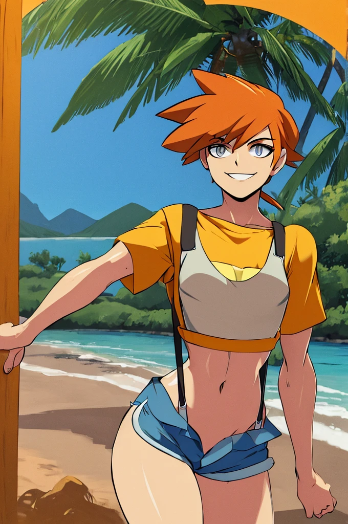 ((masterpiece,best quality)), absurdres, Misty_Pokemon, yellow crop top, suspenders, side ponytail, orange hair, denim shorts, solo, smiling, looking at viewer, cowboy shot, cinematic composition, contrapposto, tropical beach,