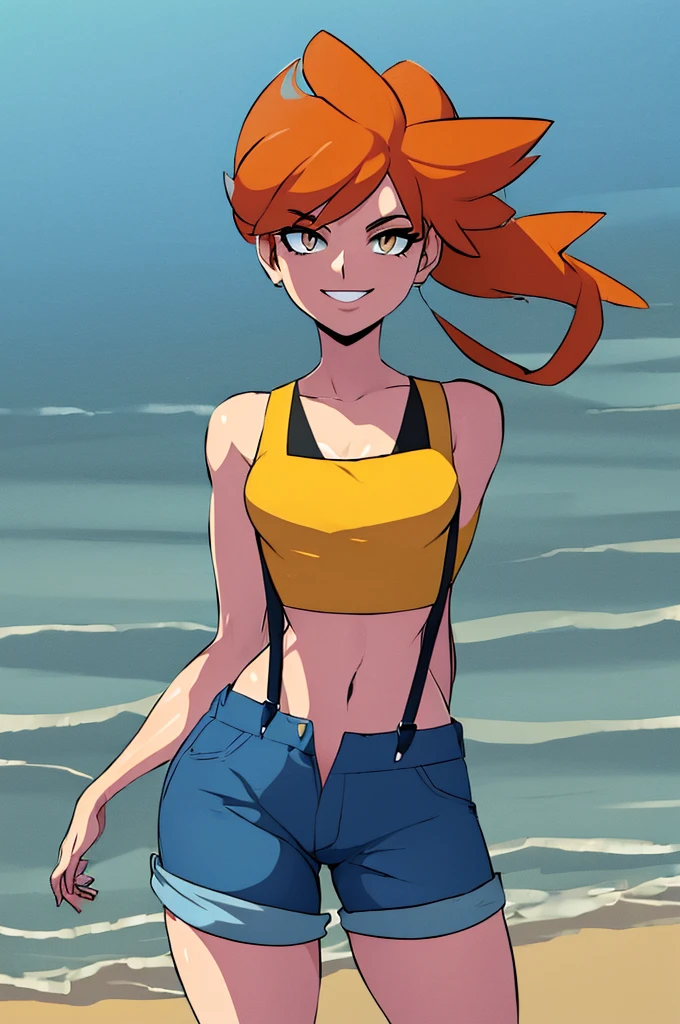 ((masterpiece,best quality)), absurdres, Misty_Pokemon, yellow crop top, suspenders, side ponytail, orange hair, denim shorts, solo, smiling, looking at viewer, cowboy shot, cinematic composition, contrapposto, tropical beach,