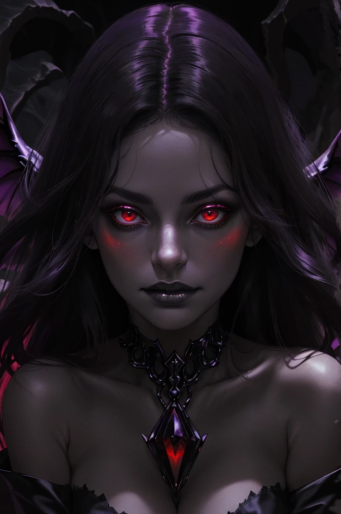 (masterpiece), (unrivalled quality:1.4), ultra-high resolution, [:velvet textures:0.2], hyperrealistic, dark fantasy portrait, 1 woman, adult (succubus:0.7) with a sly smirk, hypnotic ruby red eyes, raven-black hair cascading in waves, solo, detailed face with mouth wide open, (cavernous underworld theme:1.1) (demonic wings:1.05), personified forbidden temptation, allure, power, darkness, succubus mythology symbolism, firelight, glow, rich purples and reds, symmetry, obsidian, foreboding cavern background, otherworldly infernal atmosphere,