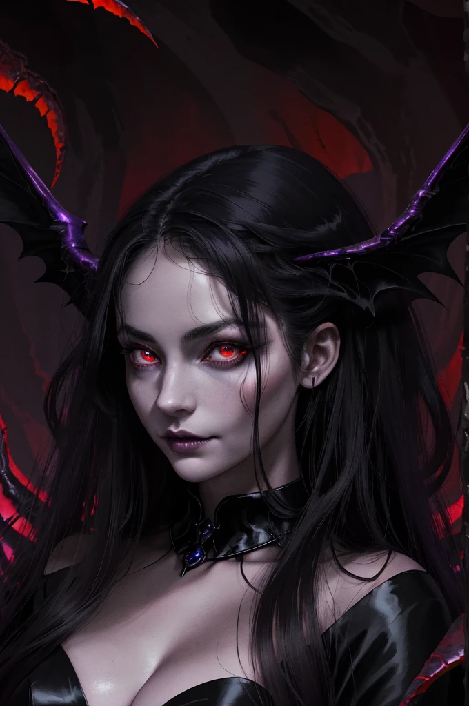 (masterpiece), (unrivalled quality:1.4), ultra-high resolution, [:velvet textures:0.2], hyperrealistic, dark fantasy portrait, 1 woman, adult (succubus:0.7) with a sly smirk, hypnotic ruby red eyes, raven-black hair cascading in waves, solo, detailed face with mouth wide open, (cavernous underworld theme:1.1) (demonic wings:1.05), personified forbidden temptation, allure, power, darkness, succubus mythology symbolism, firelight, glow, rich purples and reds, symmetry, obsidian, foreboding cavern background, otherworldly infernal atmosphere,