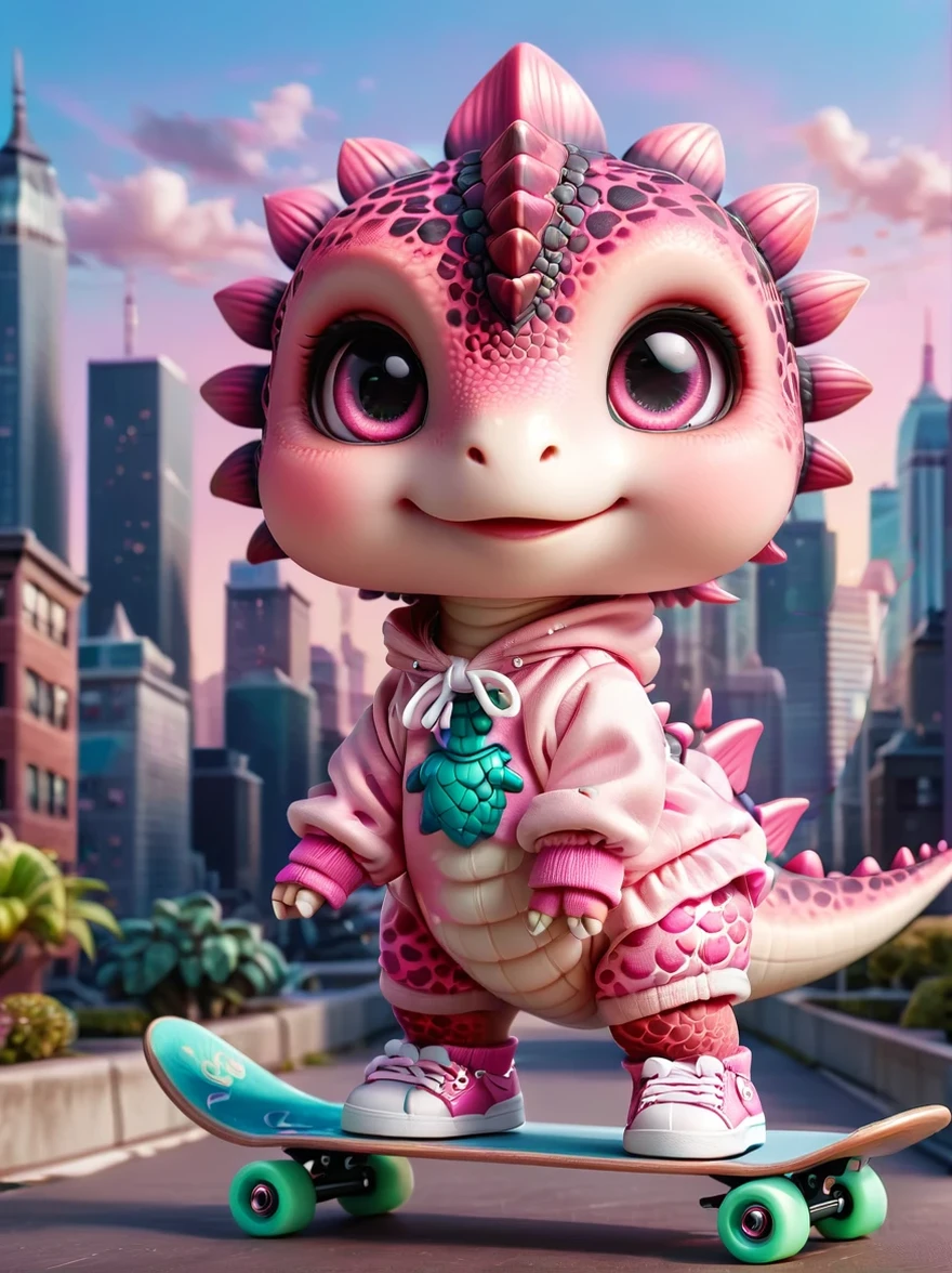ral-smoldino, A girl dressed in a pink dinosaur costume, Pink sneakers, strike a playful pose, Standing on a skateboard, Pink Eyes, proudly, Cartoon Style, full-body shot, City skyline background, Created with C4D and Blender, Blind box toy styles, Super Detail, Anatomically correct, masterpiece, precise