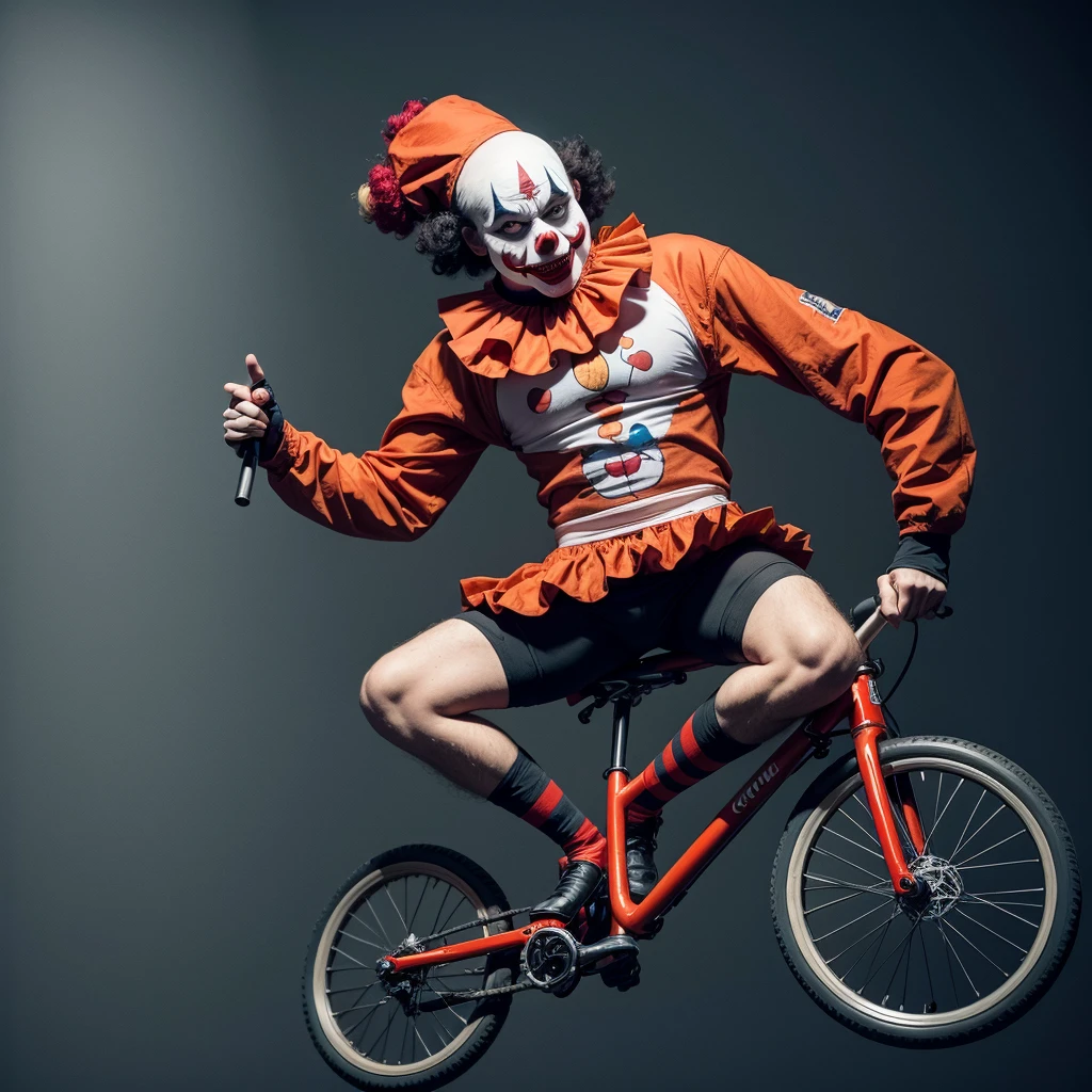 A scary clown riding a unicycle