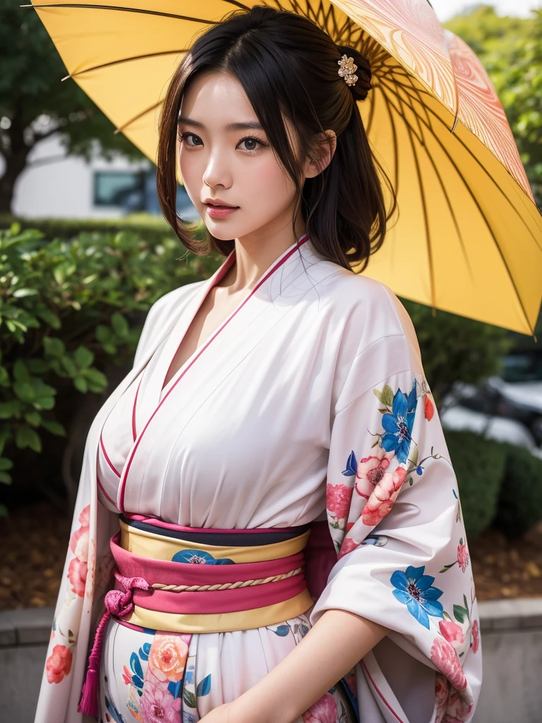a young Japanese lady in kimonos posing for an elegant umbrella, in the style of liam sharp, 32k uhd, webcam, iPhone RAW quality photography, brightened colors, nature in theme, eve ventrue, smooth and curved lines, mid body shot, intensity but pleasent in facial expression. Avant-garde, lines and structure in background.