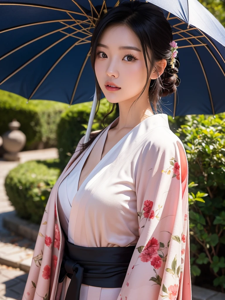 a young Japanese lady in kimonos posing for an elegant umbrella, in the style of liam sharp, 32k uhd, webcam, iPhone RAW quality photography, brightened colors, nature in theme, eve ventrue, smooth and curved lines, mid body shot, intensity but pleasent in facial expression. Avant-garde, lines and structure in background.