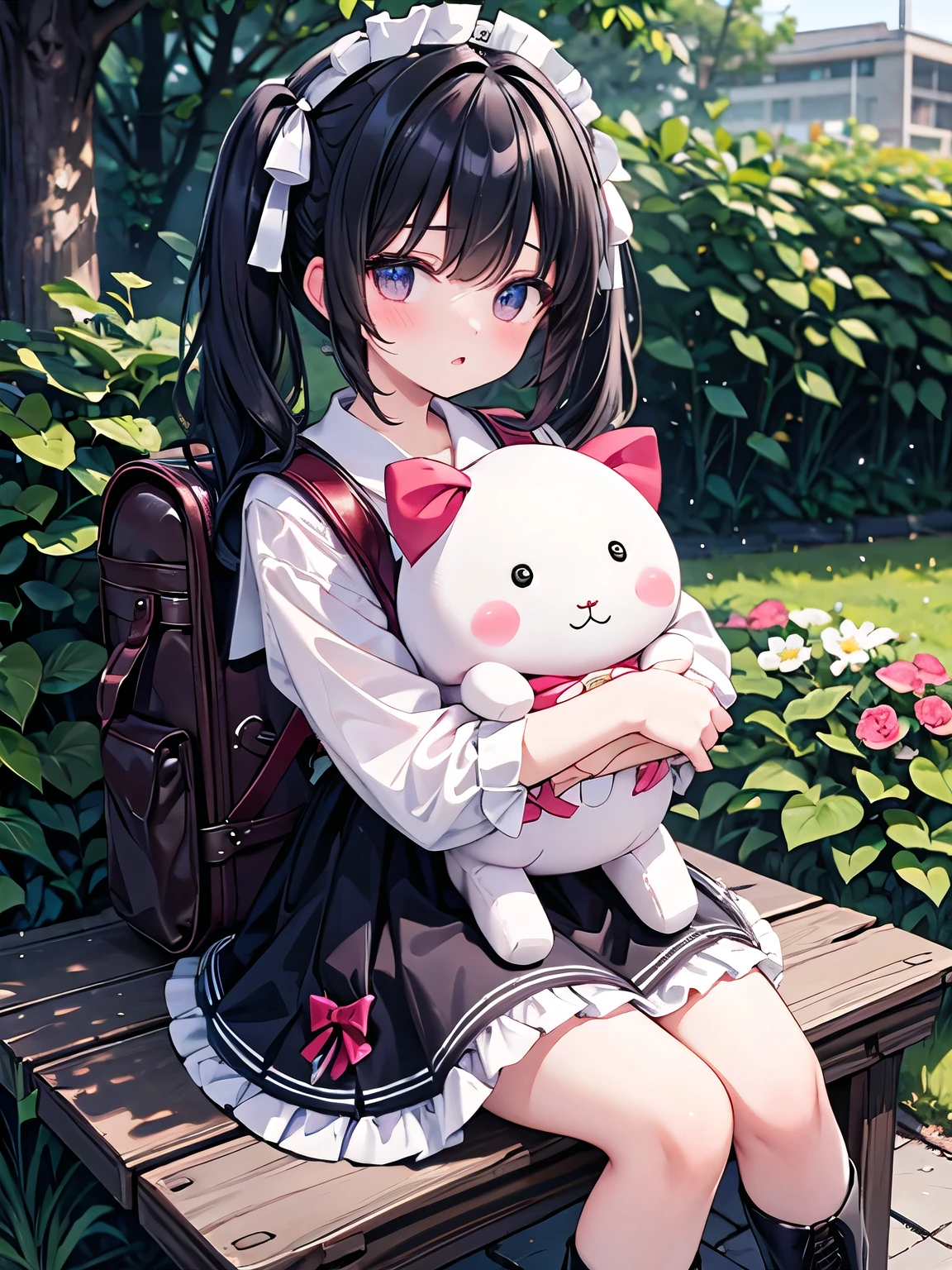 Masterpiece, hd, high school girl,, black hair, twintails, hair ribbon, hair ornaments, innocent face,teenage girl,cute,summer clothes, flower dress, Lolita dress,white long socks, wearing boots, everyday wear,sitting, Sitting on bench,flower garden,black hair,ribbon, wearing school backpack, (backpack:1.2), hugging a fluffy doll, (hugging dolls:1.2)