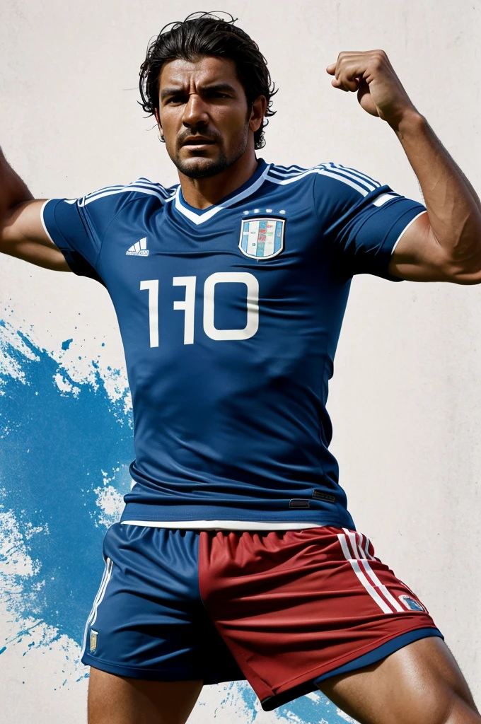 "Ultra-realistic image in 4K HD of a Uruguayan Gaucho in an aggressive pose, wearing the shirt of the Uruguayan soccer team posing in front of the flag of Uruguay with wear effects, brushstrokes and glitch effects. Realistic details, in natural light conditions. High resolution white background scene"
