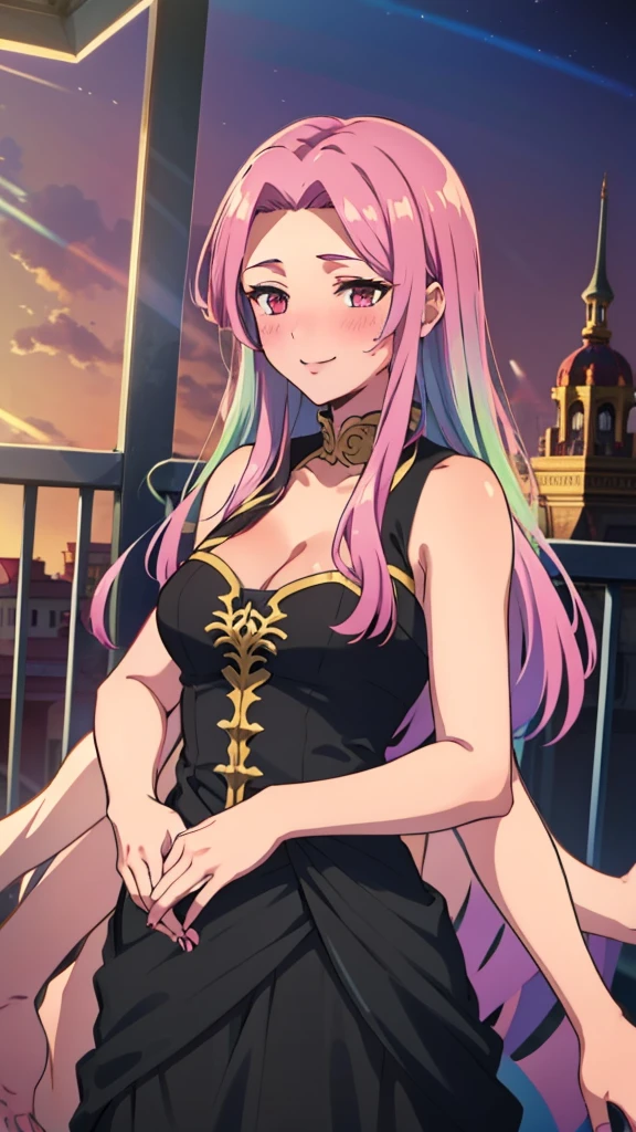 (1girl,20 years old),rainbow hair,long hair,medusa hair,black dress, sleeveless,bare shoulders,smile,blush,extra arms,four arms,cleavage,looking at view,sunset,village,on the balcony of a elegante palace,spotlight