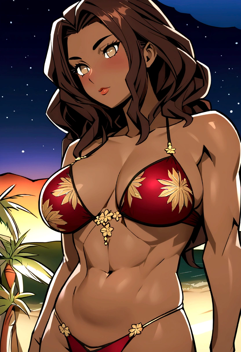 sensual african american slim robust body woman with asian features, dark skin and nice face, short elegantly styled dark reddish brown hair and light brown eyes. she wears a wine red bikini, black floral designs on top. Full Detailed Simple Comic 2D Model. she is on a beautiful beach at night