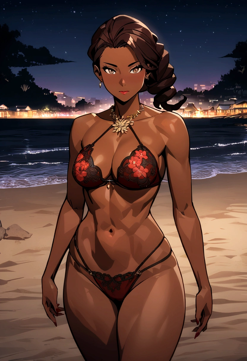 sensual african american slim robust body woman with asian features, dark skin and nice face, short elegantly styled dark reddish brown hair and light brown eyes. she wears a wine red bikini, black floral designs on top. Full Detailed Simple Comic 2D Model. she is on a beautiful beach at night
