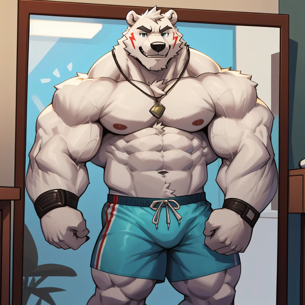 Huge muscular thick white Polar Bear bodybuilder huge white arctic fur shirtless in blue gym shorts and wristbands, posing his chests at the mirror looking at his pectorals bouncing really really pumped up hardcore.