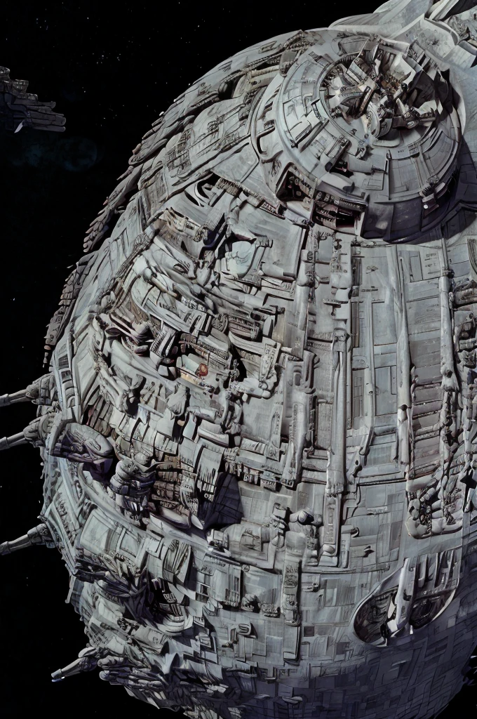 a warship starship shaped like a giant sphere with ports and weapons under attack by spaceships with a nebula in the background, masterpiece, best, photo realistic moon, Death Star, Unicron, battle moon