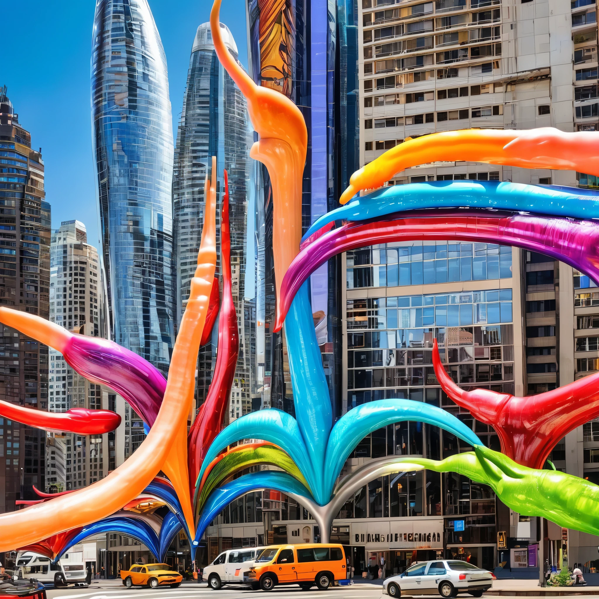 A great futuristic metropolitan made of glass and steel where tall buildings are shaped liked dildos and vehicles are individual sperm with wheels and windows moving down the streets. Tunnels look like vaginas. Hyper realistic, vibrant colors, 16k