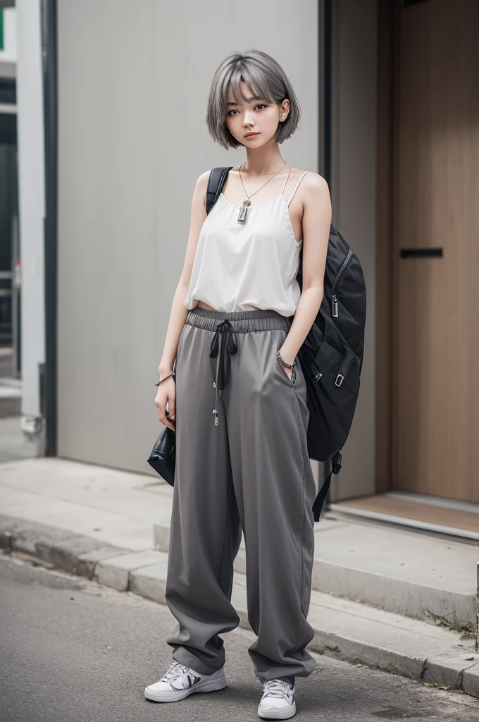 Girl 23 years old, short gray hair, blouse with simple neckline, baggy pants and military backpack 